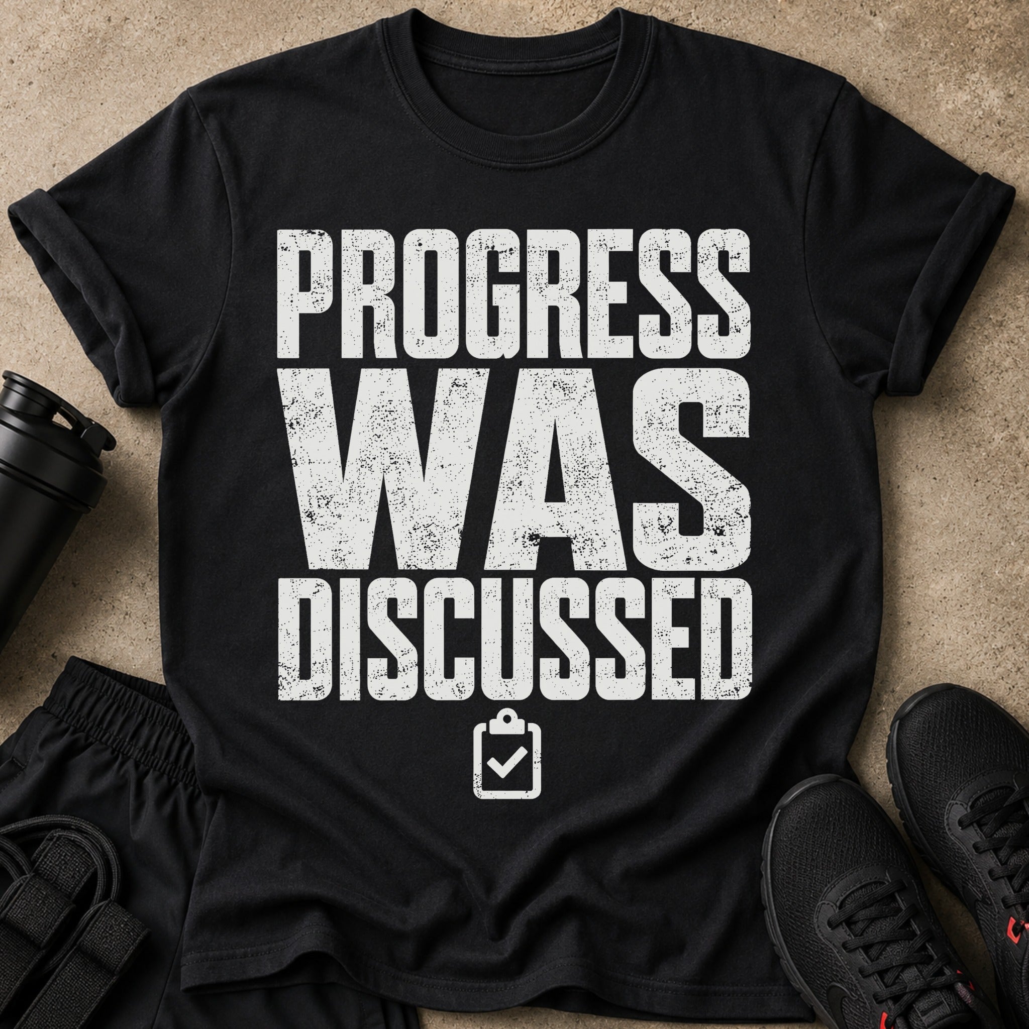 Black t-shirt with white text "PROGRESS WAS DISCUSSED" and clipboard icon.