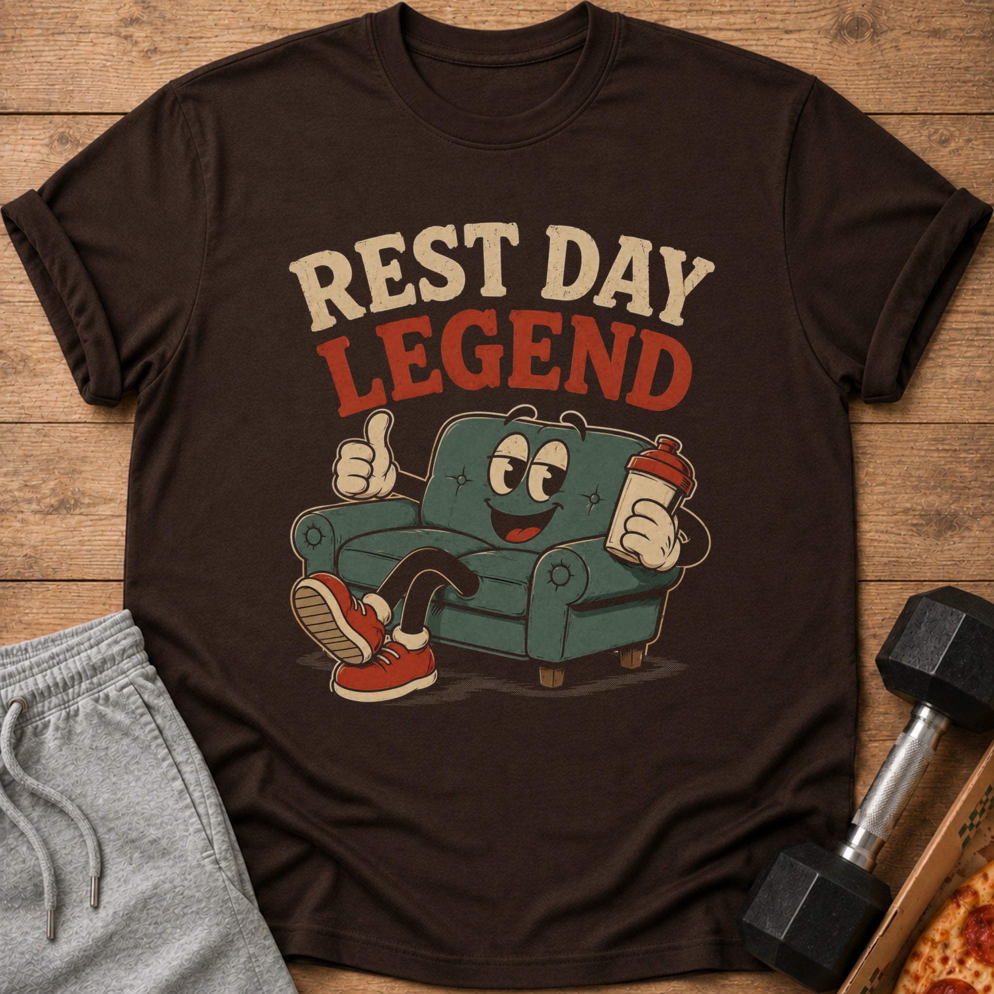Brown t-shirt with "REST DAY LEGEND" text and cartoon couch holding a shaker bottle.