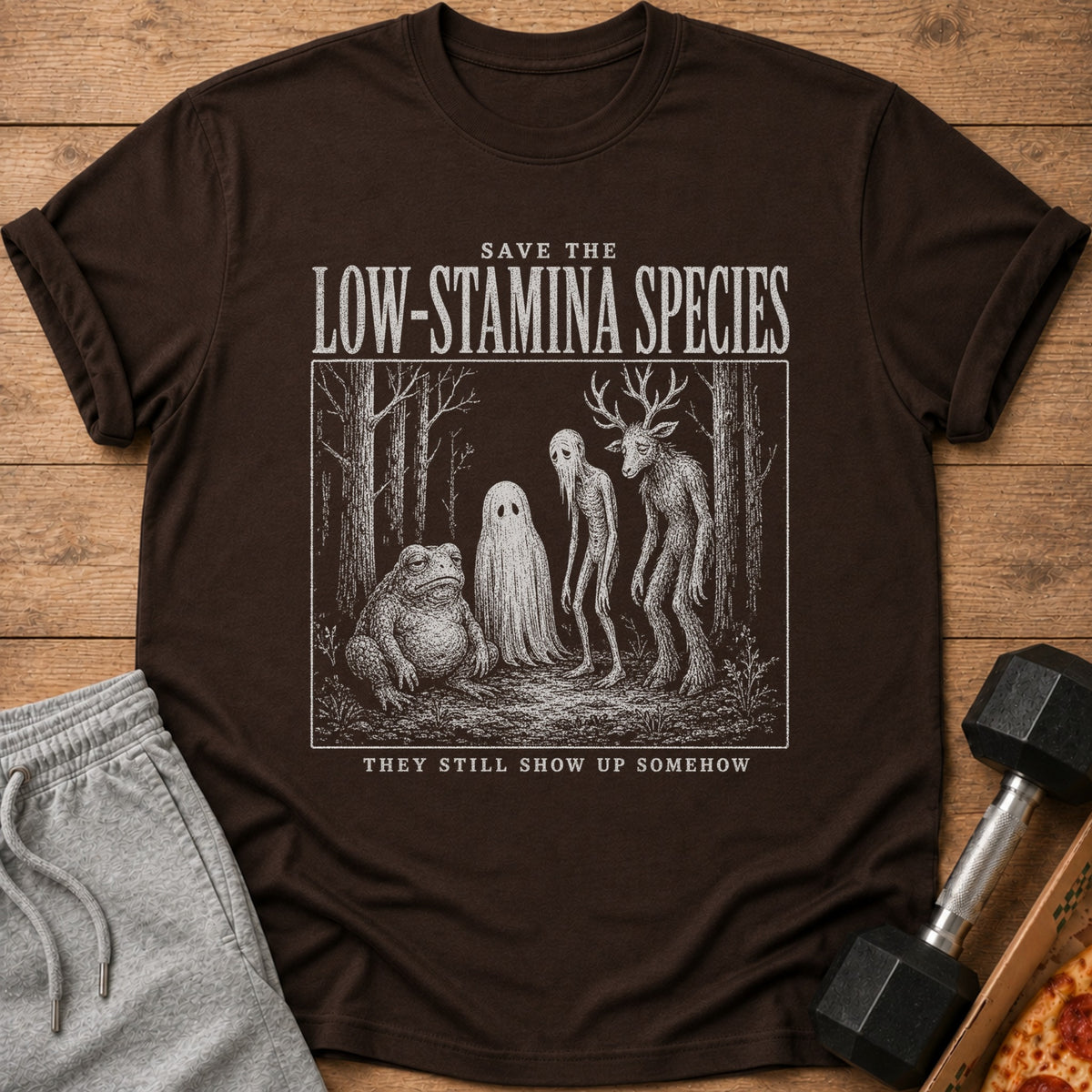 Brown t-shirt with white graphic: "Save the Low-Stamina Species" and woodland creatures.
