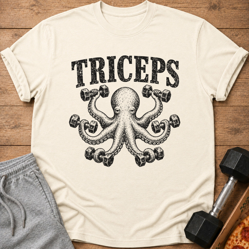 T-shirt with distressed octopus lifting dumbbells and text "TRICEPS".