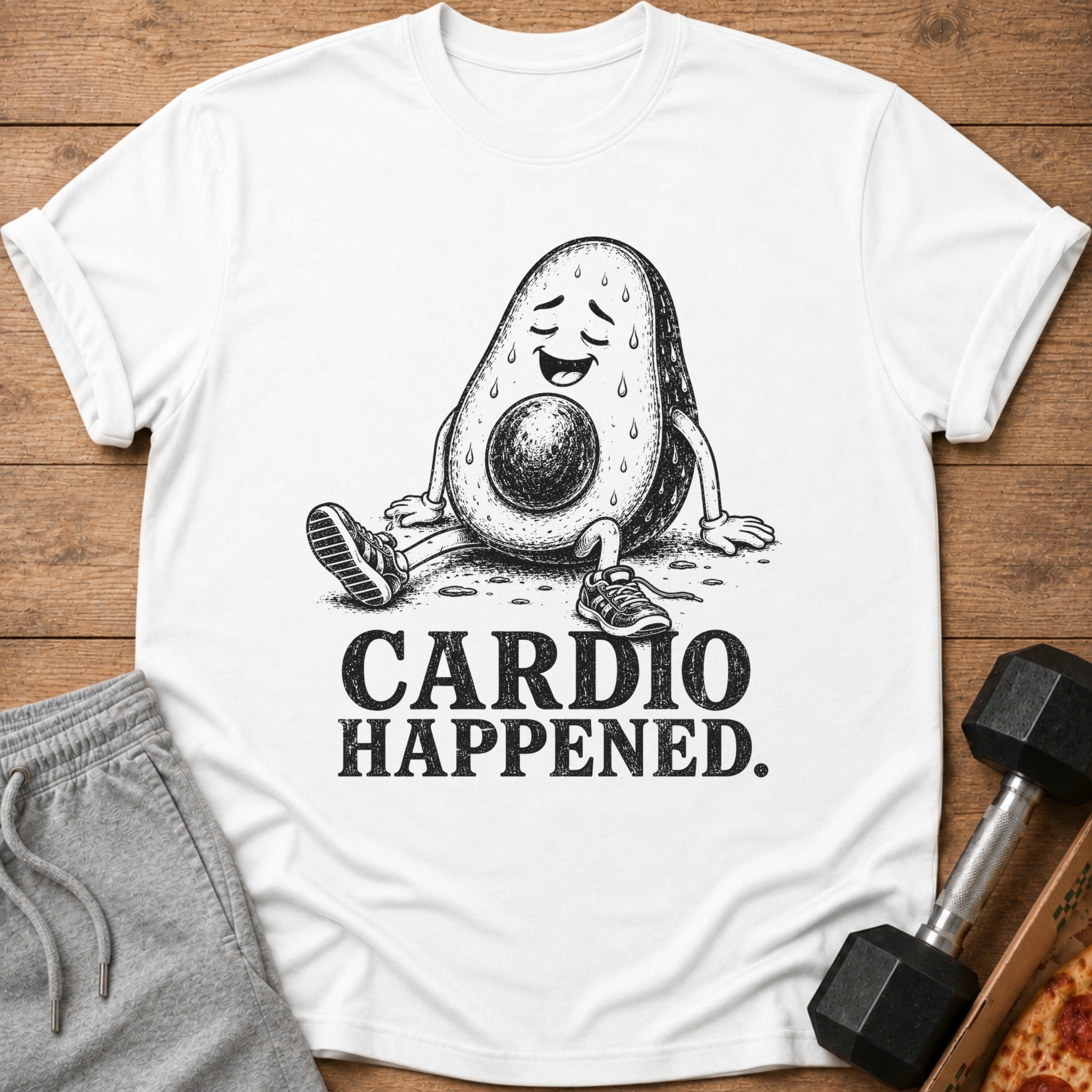White t-shirt with black graphic of a tired avocado saying "CARDIO HAPPENED."