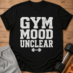 Black t-shirt with distressed white text "GYM MOOD UNCLEAR" and dumbbell graphic.