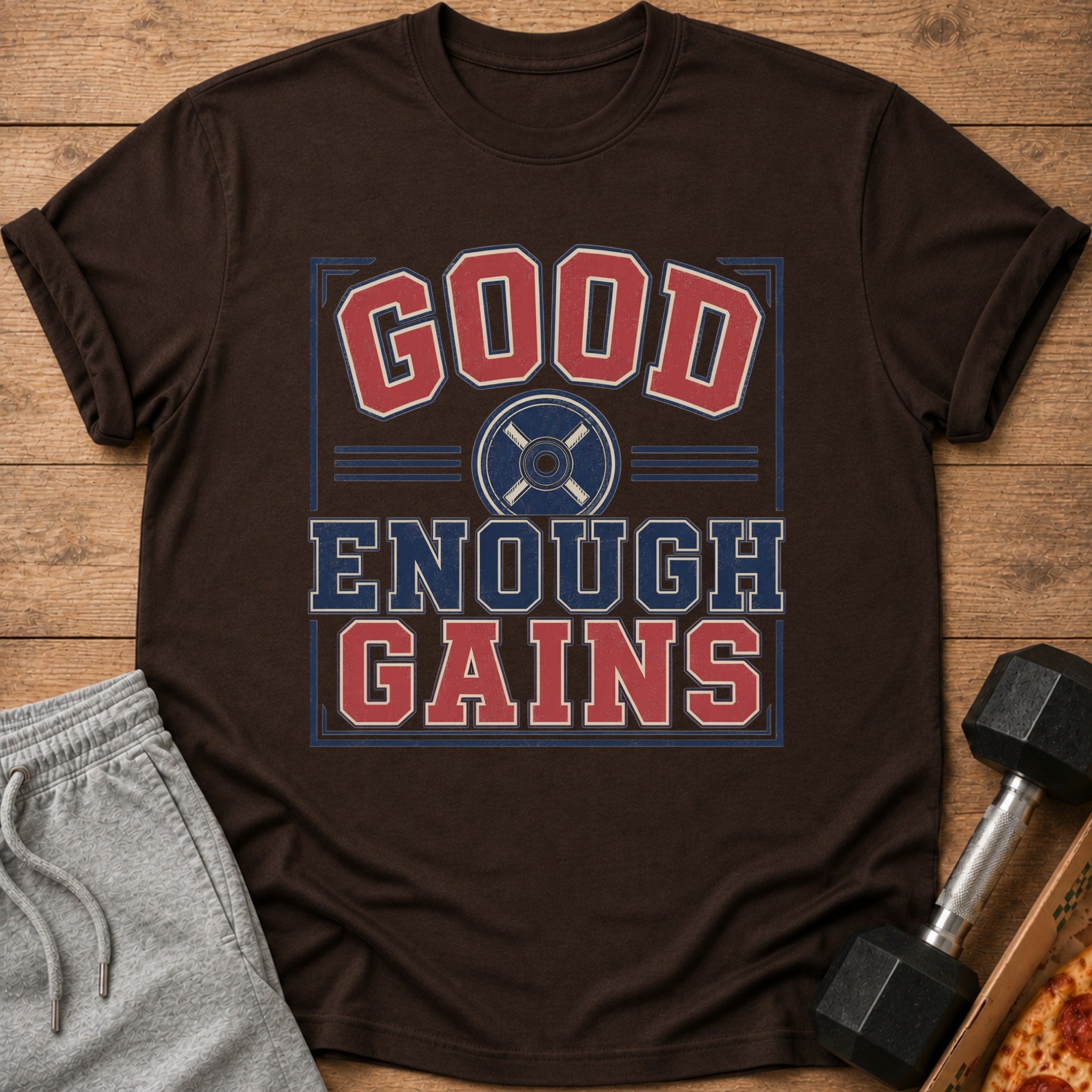 Brown t-shirt with "GOOD ENOUGH GAINS" text and a weight plate graphic.