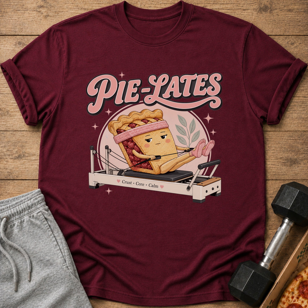 Maroon t-shirt with "Pie-Lates" text and a pie character on a reformer.