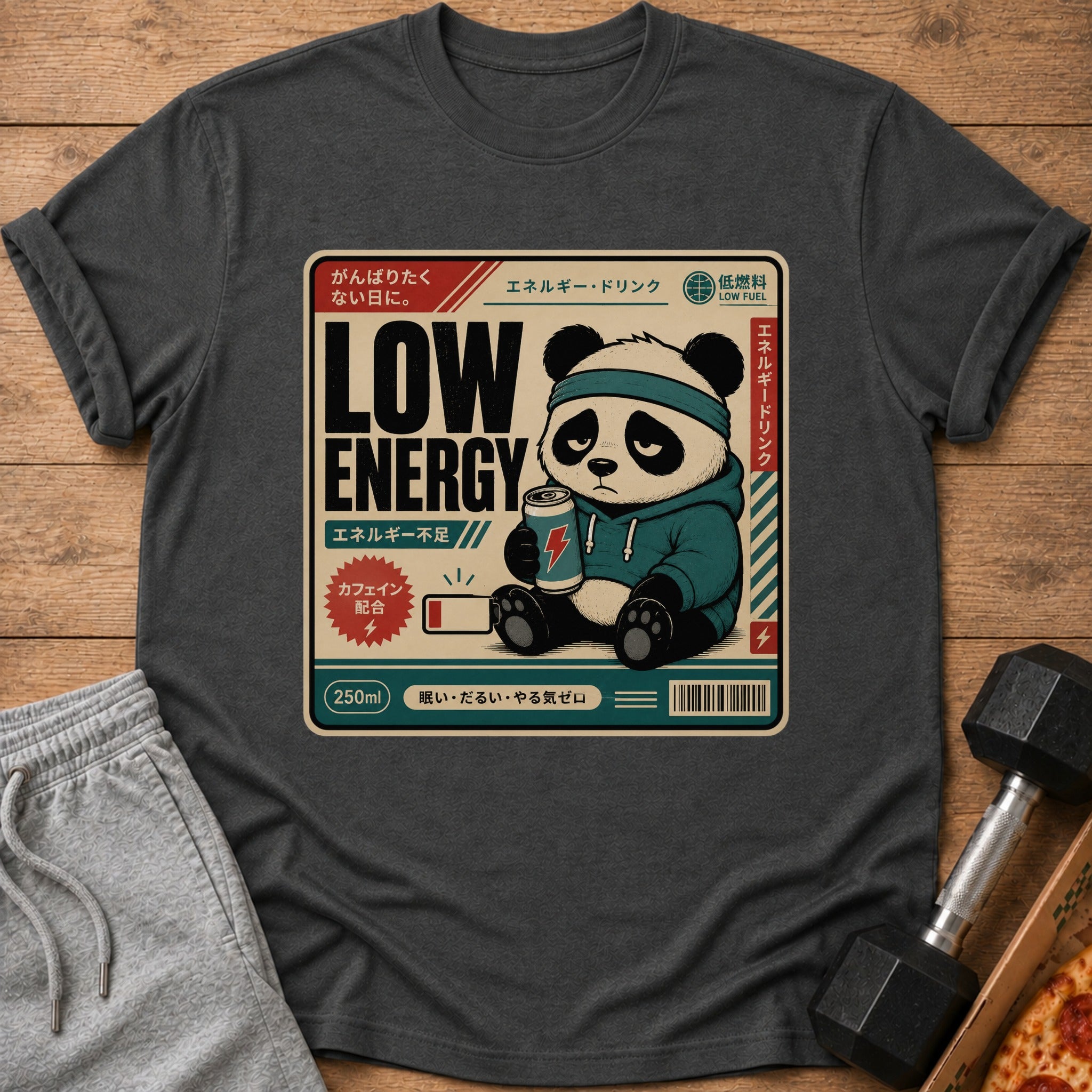 T-shirt graphic featuring a sad panda holding an energy drink can, text says "Low Energy".
