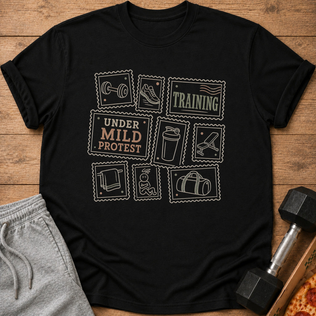 Black t-shirt with gym-themed postage stamps and "Under Mild Protest Training" text.