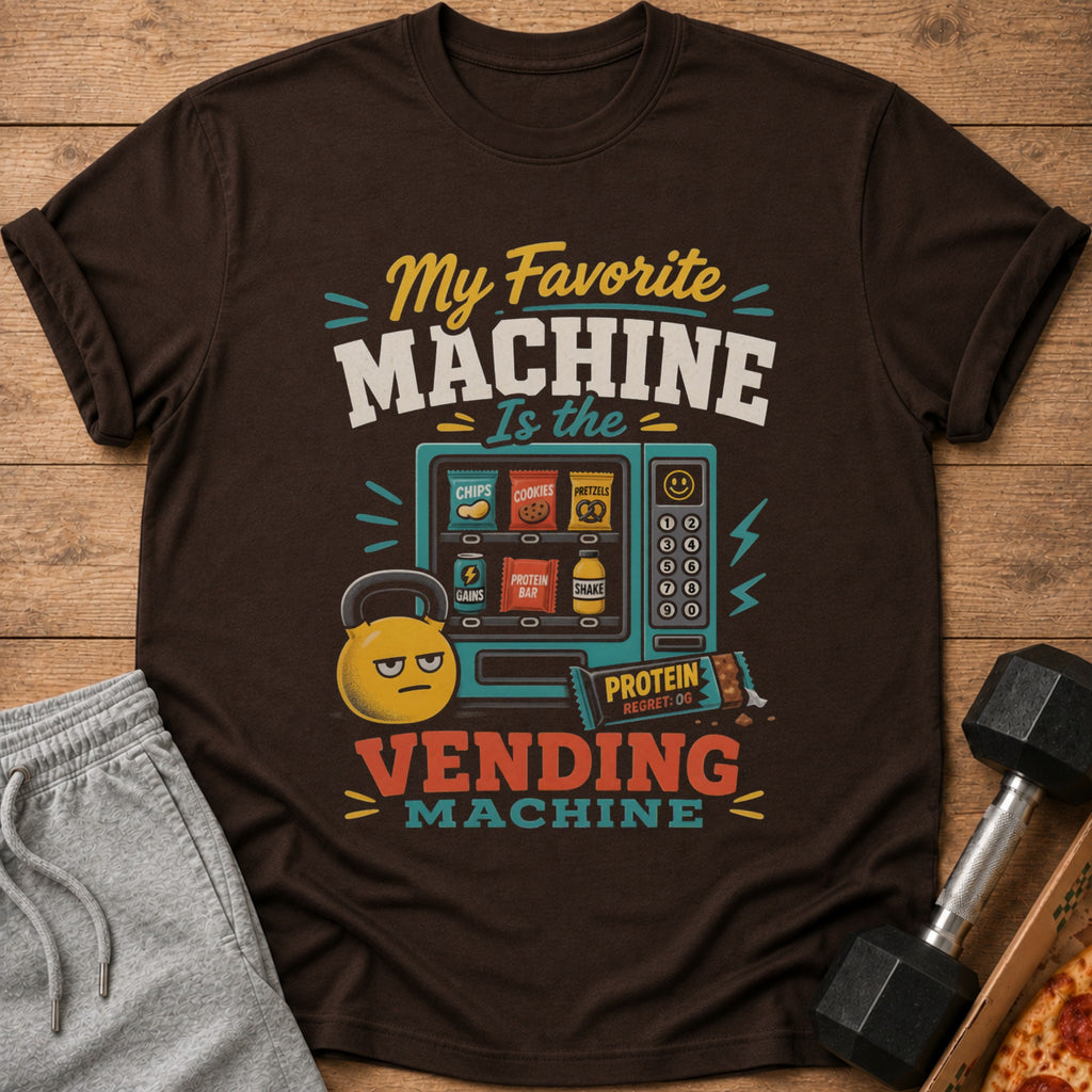 Brown t-shirt with text "My Favorite Machine is the Vending Machine" and graphics.