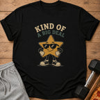 Black t-shirt with cartoon star wearing sunglasses and text "Kind of a Big Deal".