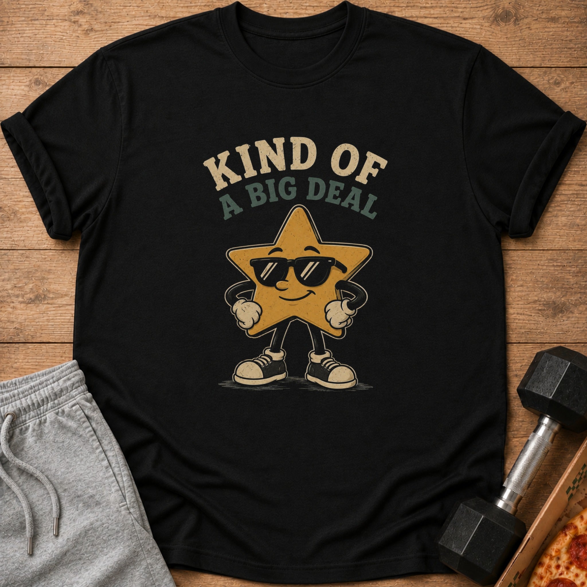 Black t-shirt with cartoon star wearing sunglasses and text "Kind of a Big Deal".