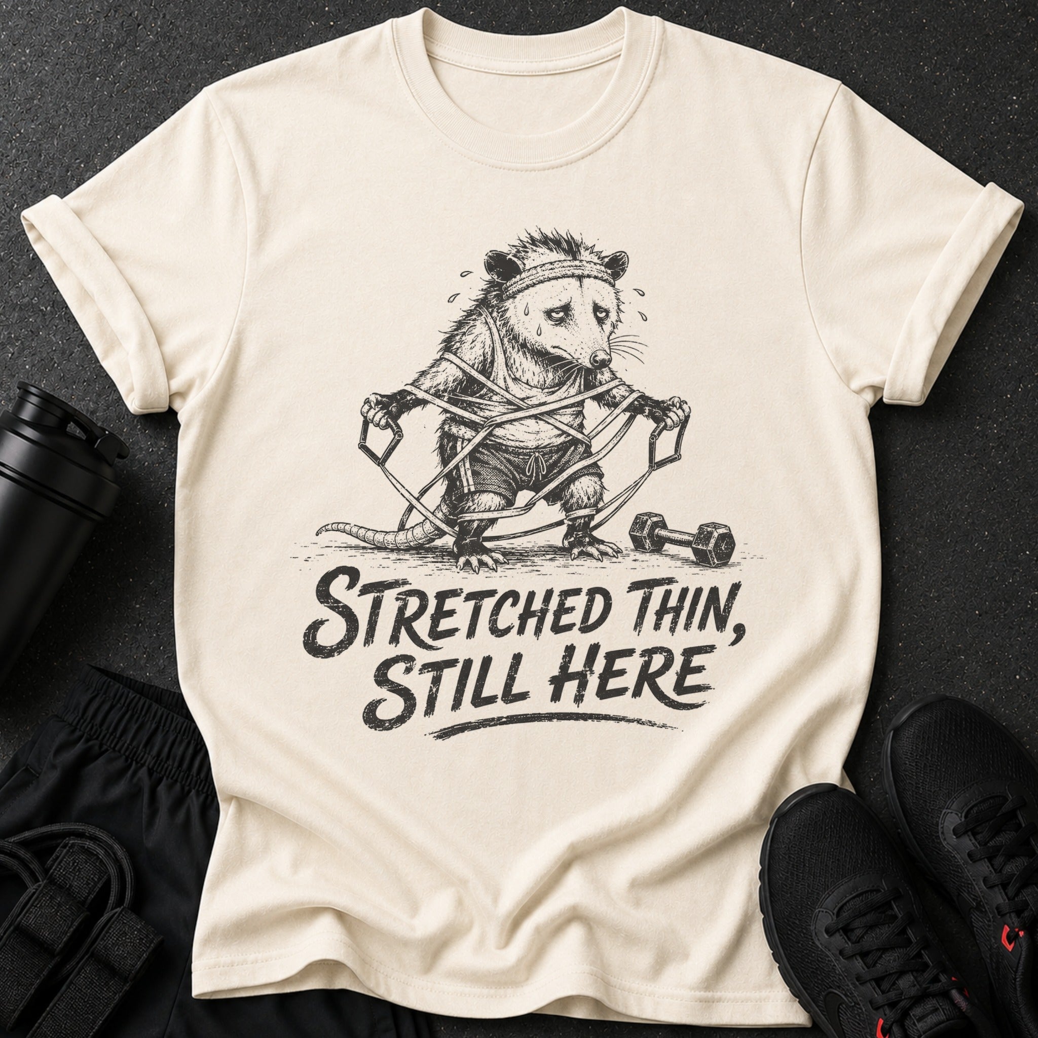 Cream t-shirt with opossum workout graphic and "Stretched Thin, Still Here" text.