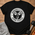 Black t-shirt with white circular graphic of a weightlifter's arm holding a dumbbell.