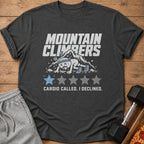 Dark gray t-shirt with "Mountain Climbers" text and cartoon character.