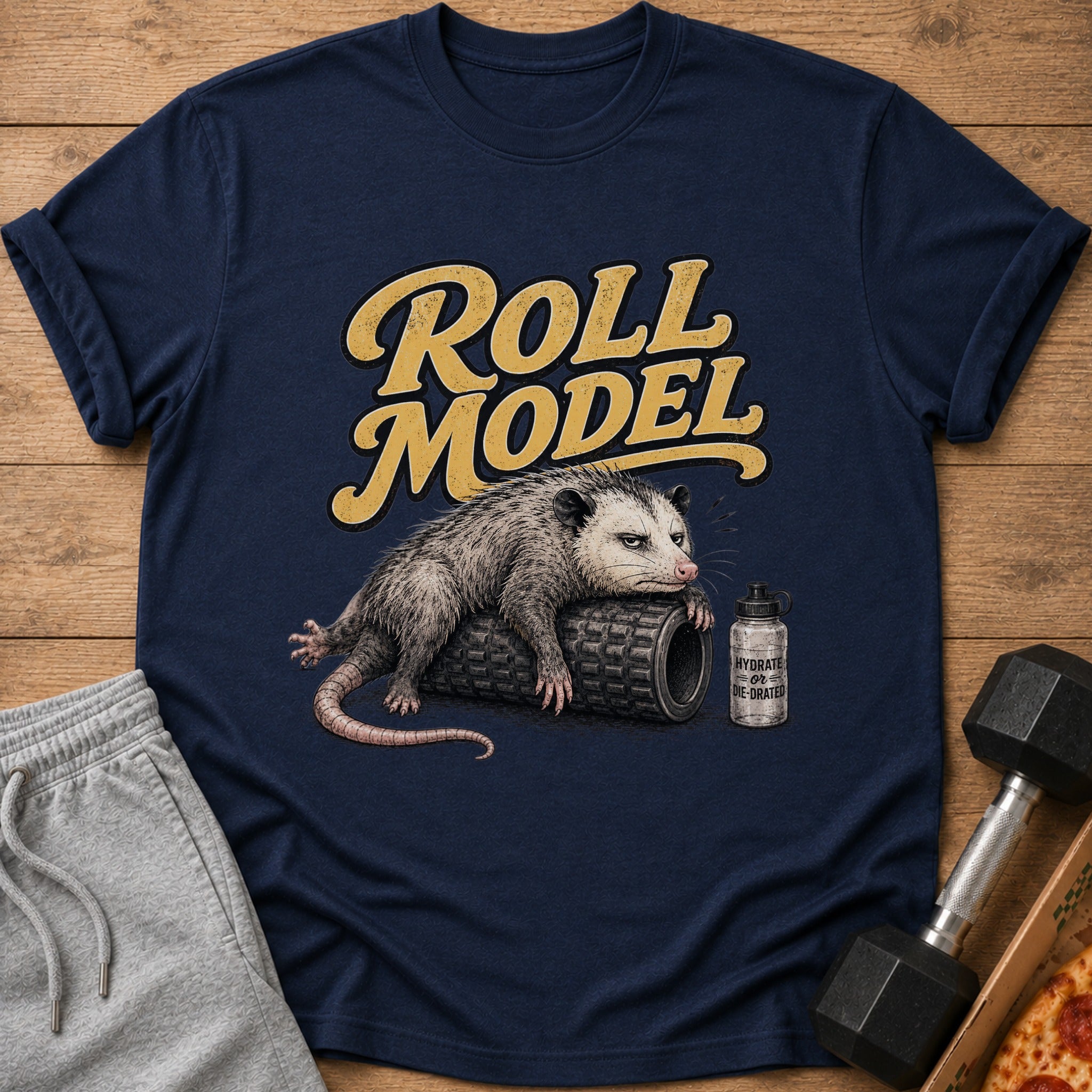 Opossum lying on a foam roller with "Roll Model" text and "Hydrate or Die-Drated" water bottle.