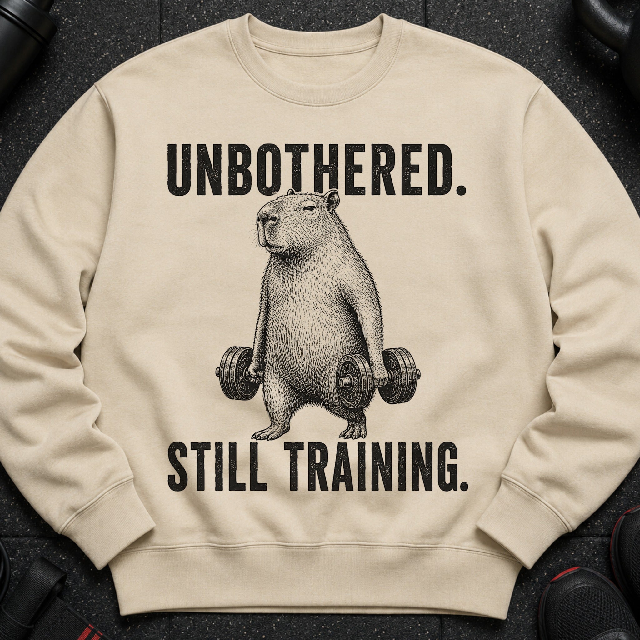 Cream sweatshirt with capybara holding weights and text "UNBOTHERED. STILL TRAINING."