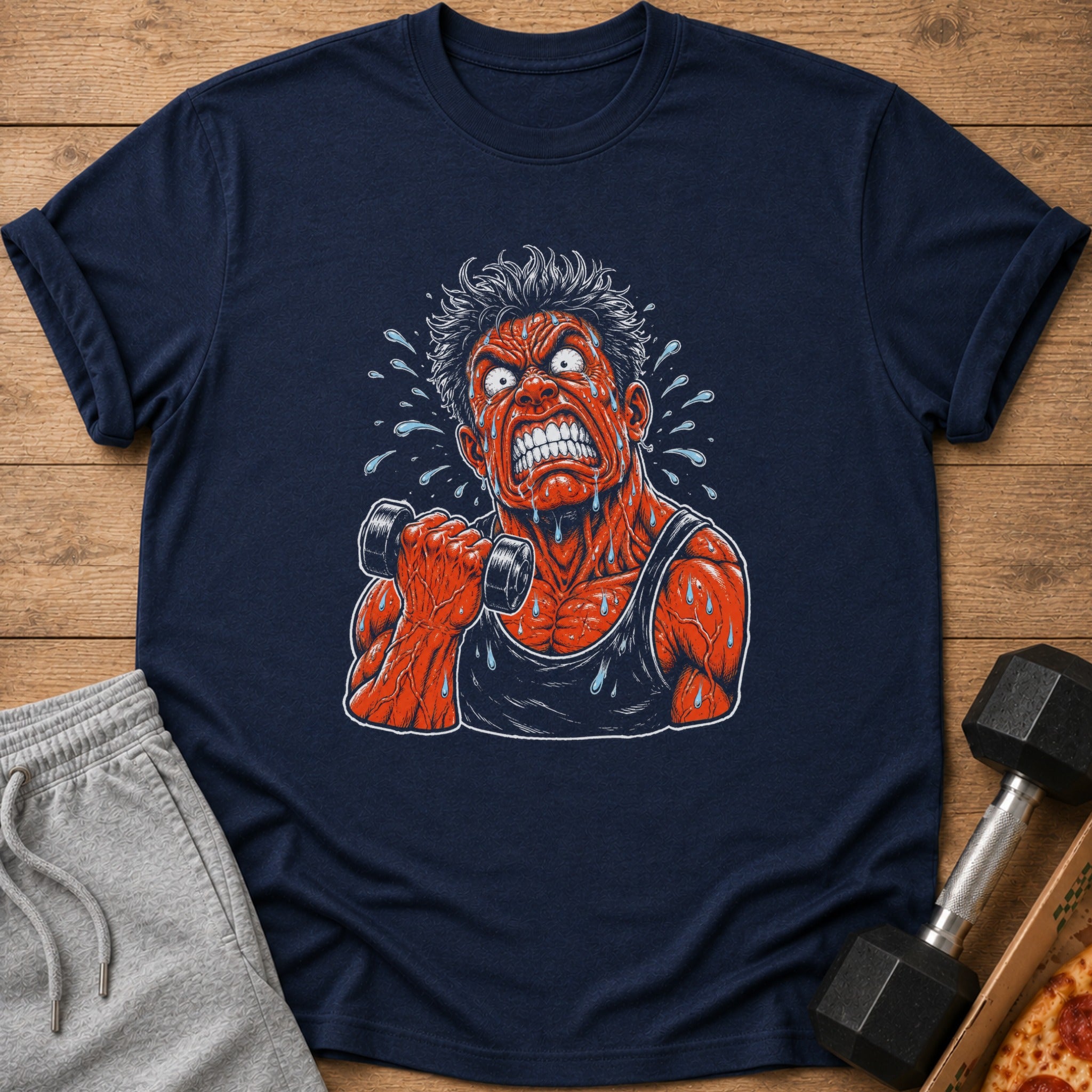 Dark blue t-shirt with distressed cartoon man lifting dumbbell, sweat drops flying.