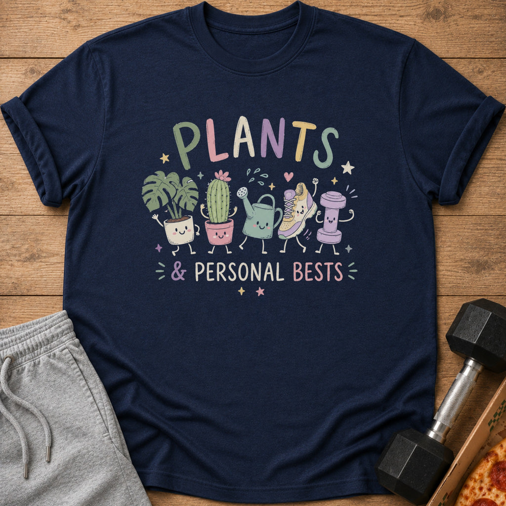 Navy t-shirt with "PLANTS & PERSONAL BESTS" and cute plant, cactus, watering can, shoe, and dumbbell characters.