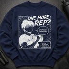 Navy sweatshirt with graphic of anime character lifting dumbbell, text "ONE MORE REP? EMOTIONALLY UNAVAILABLE."