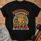 Black t-shirt with cartoon pizza lifting a kettlebell, text "Emotional Support Pizza".