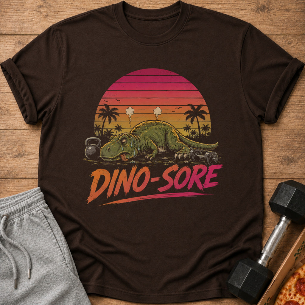 T-shirt with a tired dinosaur design and text "Dino-Sore".