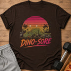 T-shirt with a tired dinosaur design and text "Dino-Sore".