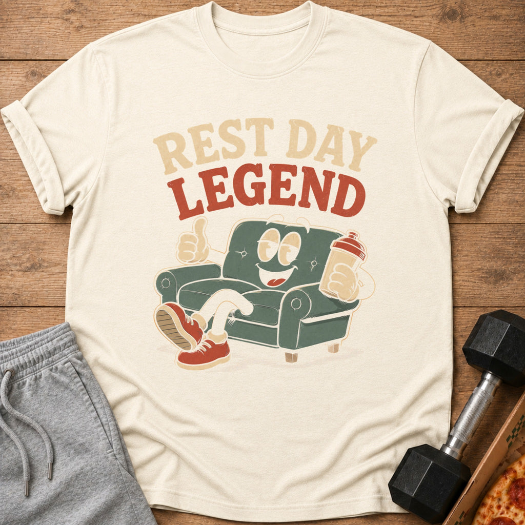 Cream t-shirt with "Rest Day Legend" text and cartoon of person on couch with shaker bottle.