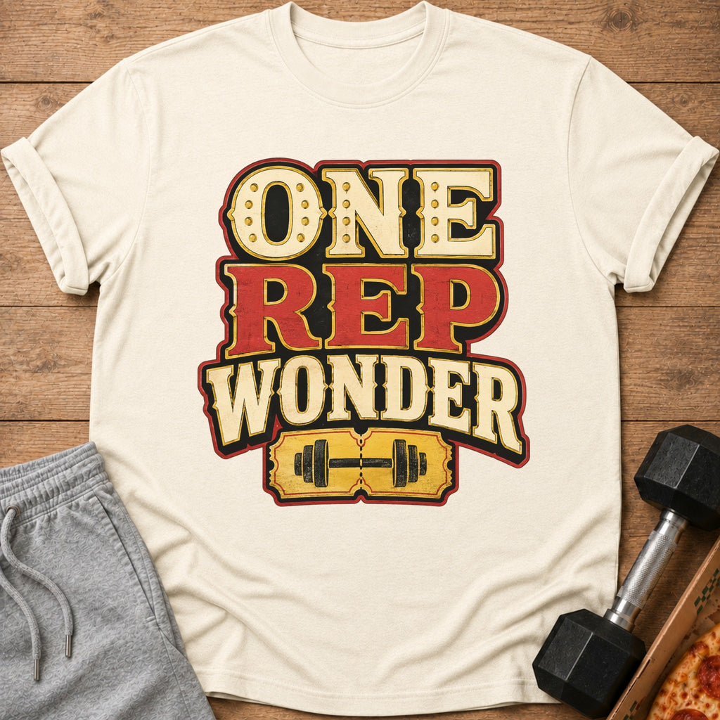 Cream t-shirt with "ONE REP WONDER" text and dumbbell graphic.