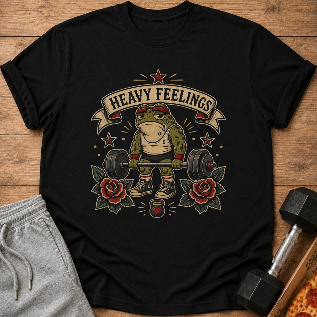 Black t-shirt with a cartoon frog weightlifter and "Heavy Feelings" banner.
