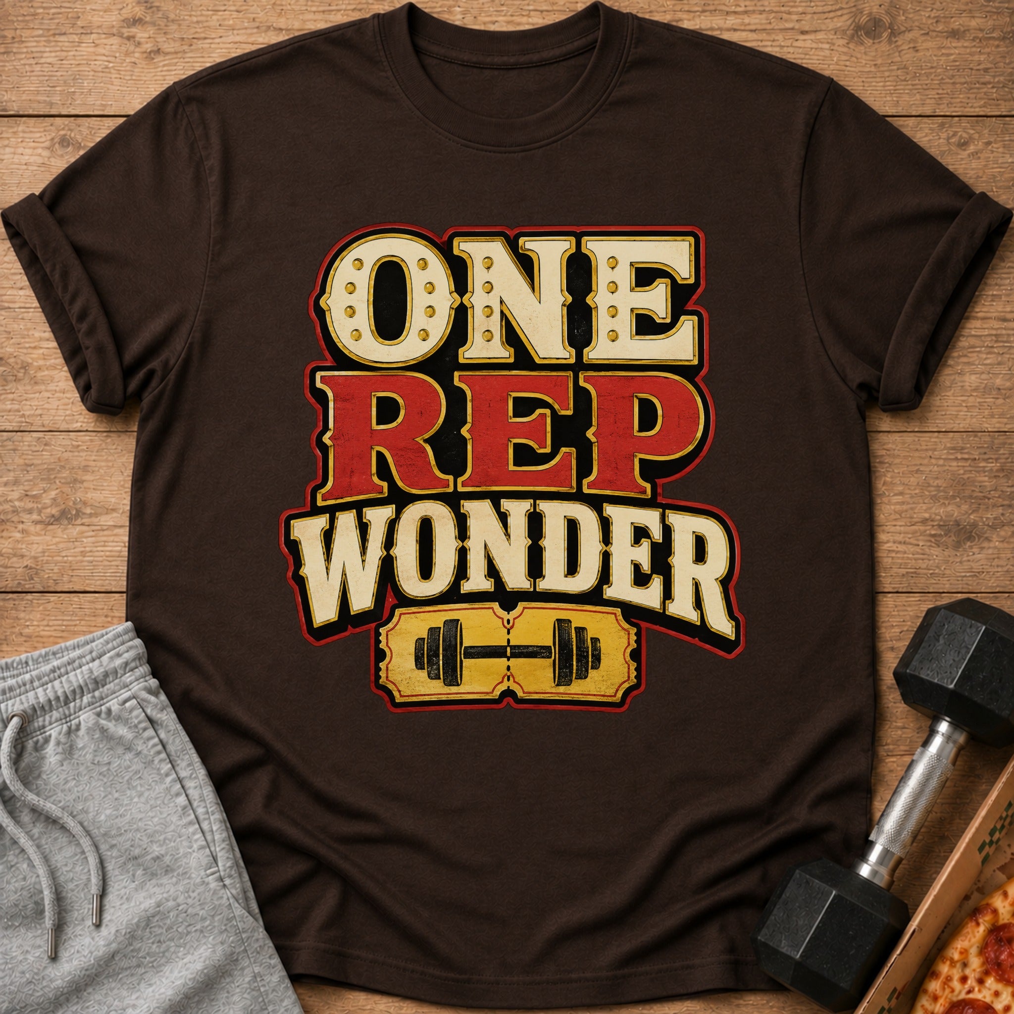 Brown t-shirt with "ONE REP WONDER" text and a barbell graphic.