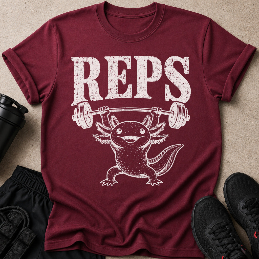 Burgundy t-shirt with white distressed text "REPS" and an axolotl lifting a barbell.