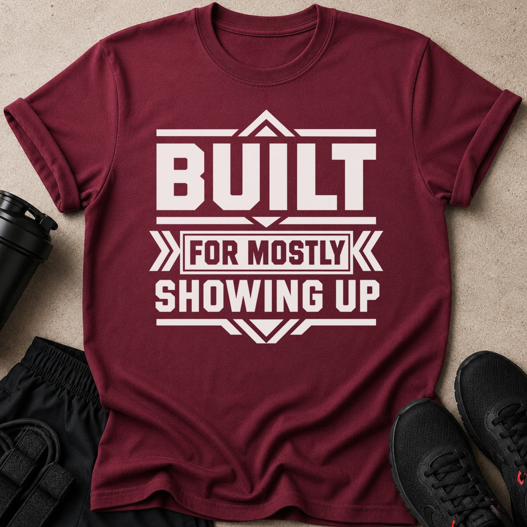 Maroon t-shirt with white text "BUILT FOR MOSTLY SHOWING UP".