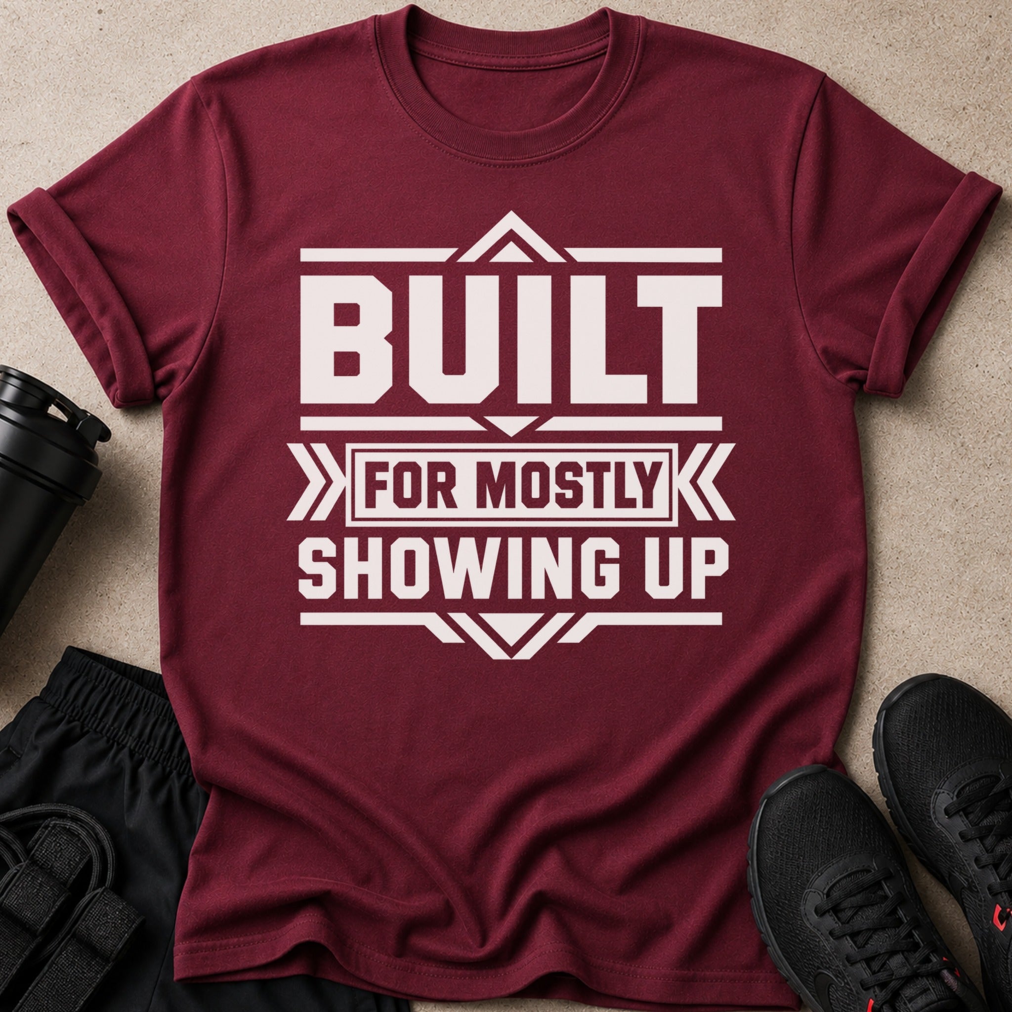 Maroon t-shirt with white text "BUILT FOR MOSTLY SHOWING UP".
