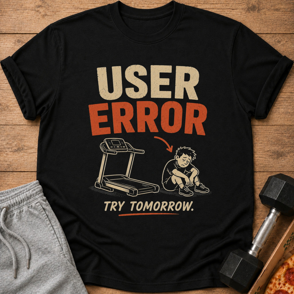Black t-shirt with "USER ERROR" text, a sad cartoon man, and a treadmill.