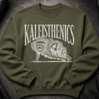 Green sweatshirt with "KALEISTHENICS" text and kale character doing a plank.