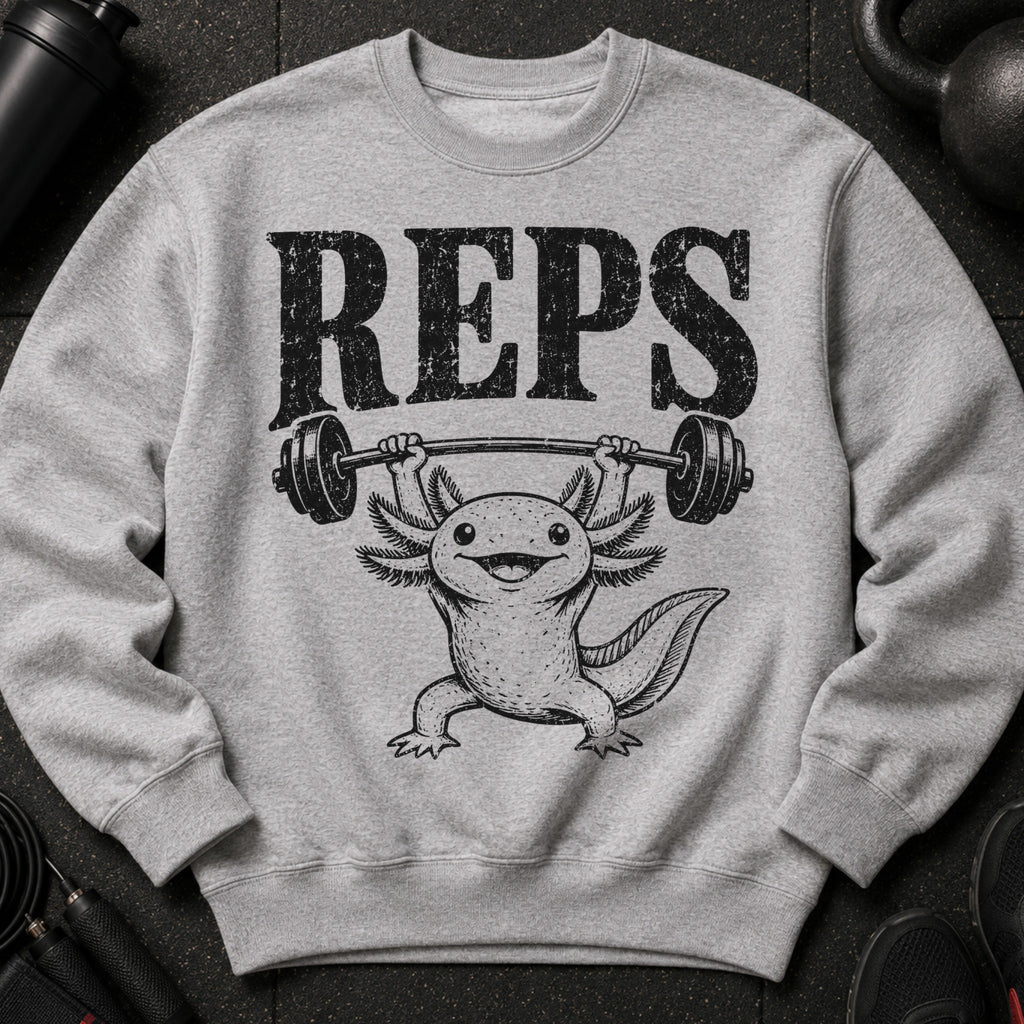 Gray sweatshirt with distressed "REPS" text above an axolotl lifting a barbell.