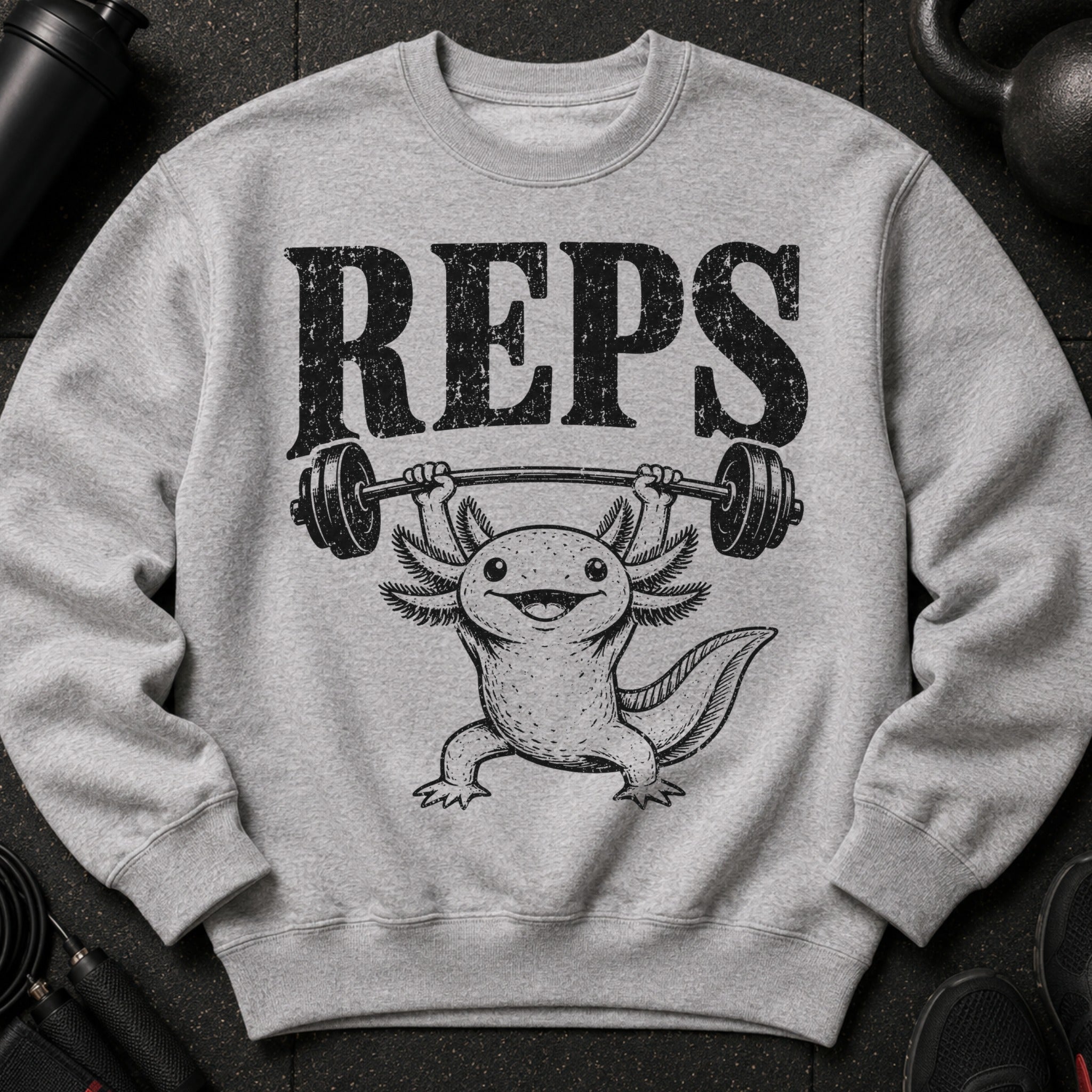 Gray sweatshirt with distressed "REPS" text above an axolotl lifting a barbell.