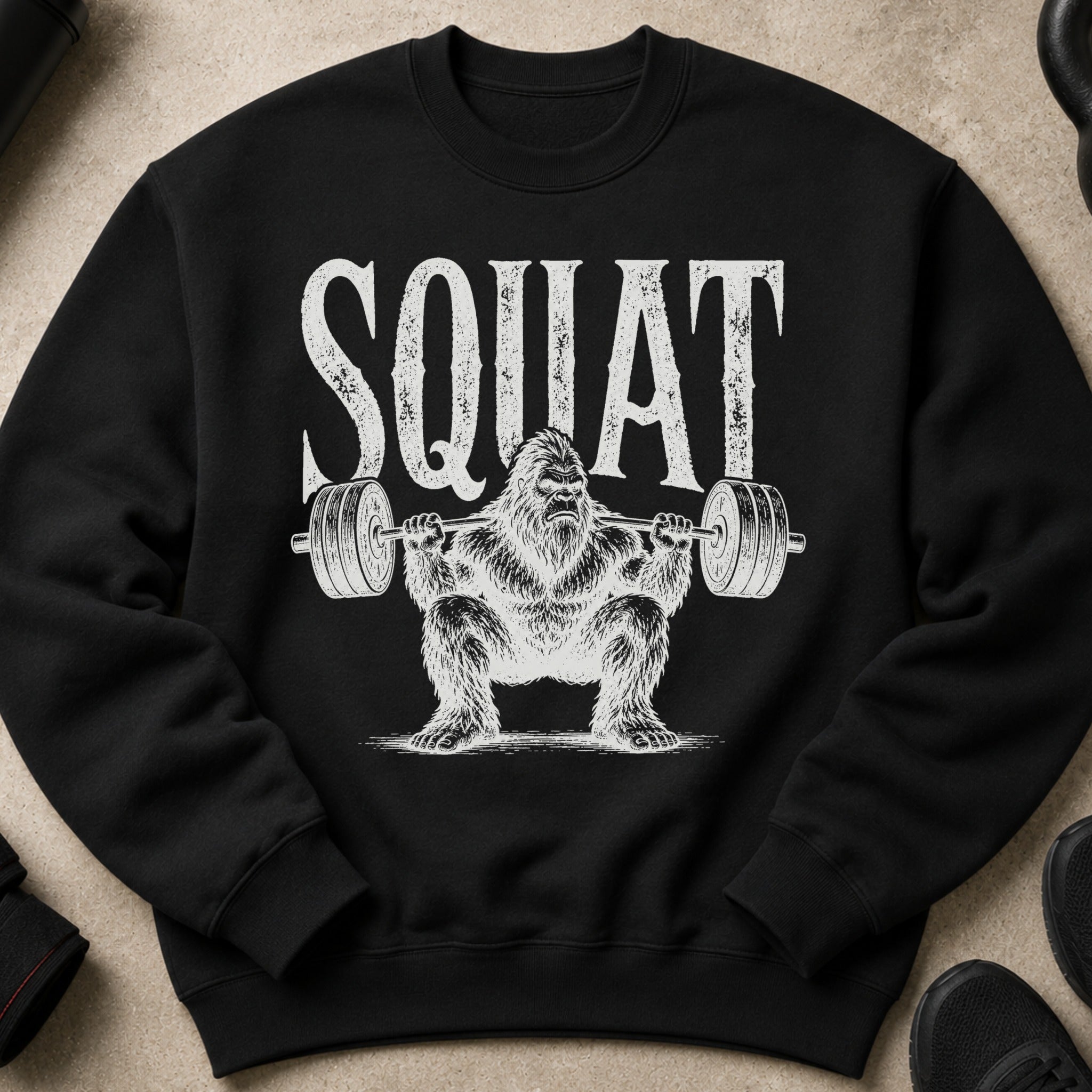 Black sweatshirt with white text "SQUAT" above a Bigfoot lifting weights.