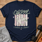 Navy t-shirt with graphic of duck carrying coffee, bag, and keys, says "CARPOOL COUNTS AS CARDIO".