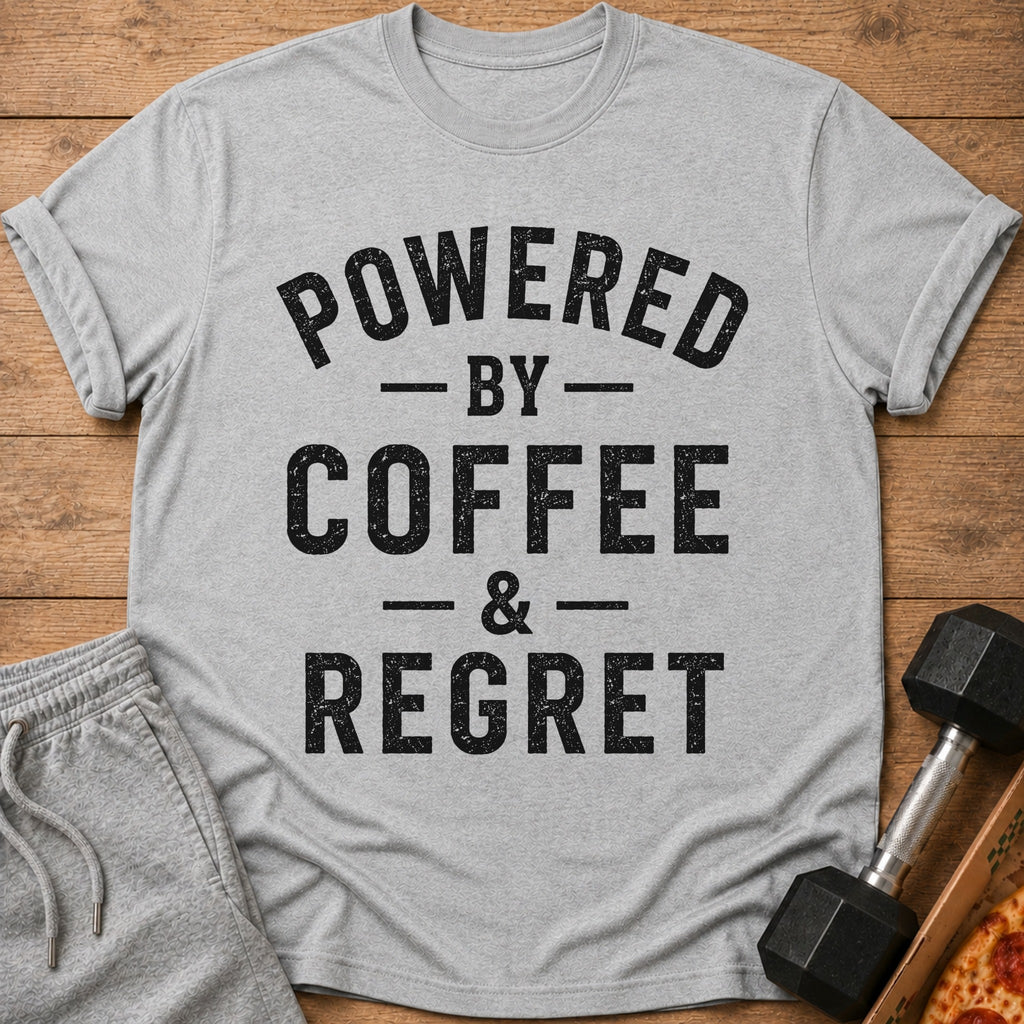 Gray t-shirt with black text "POWERED BY COFFEE & REGRET".