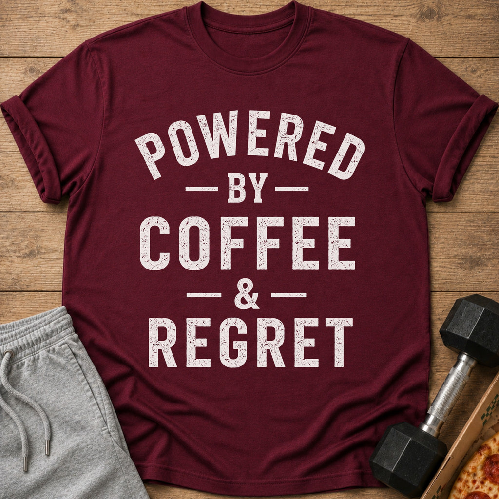 Maroon t-shirt with white distressed text "POWERED BY COFFEE & REGRET".