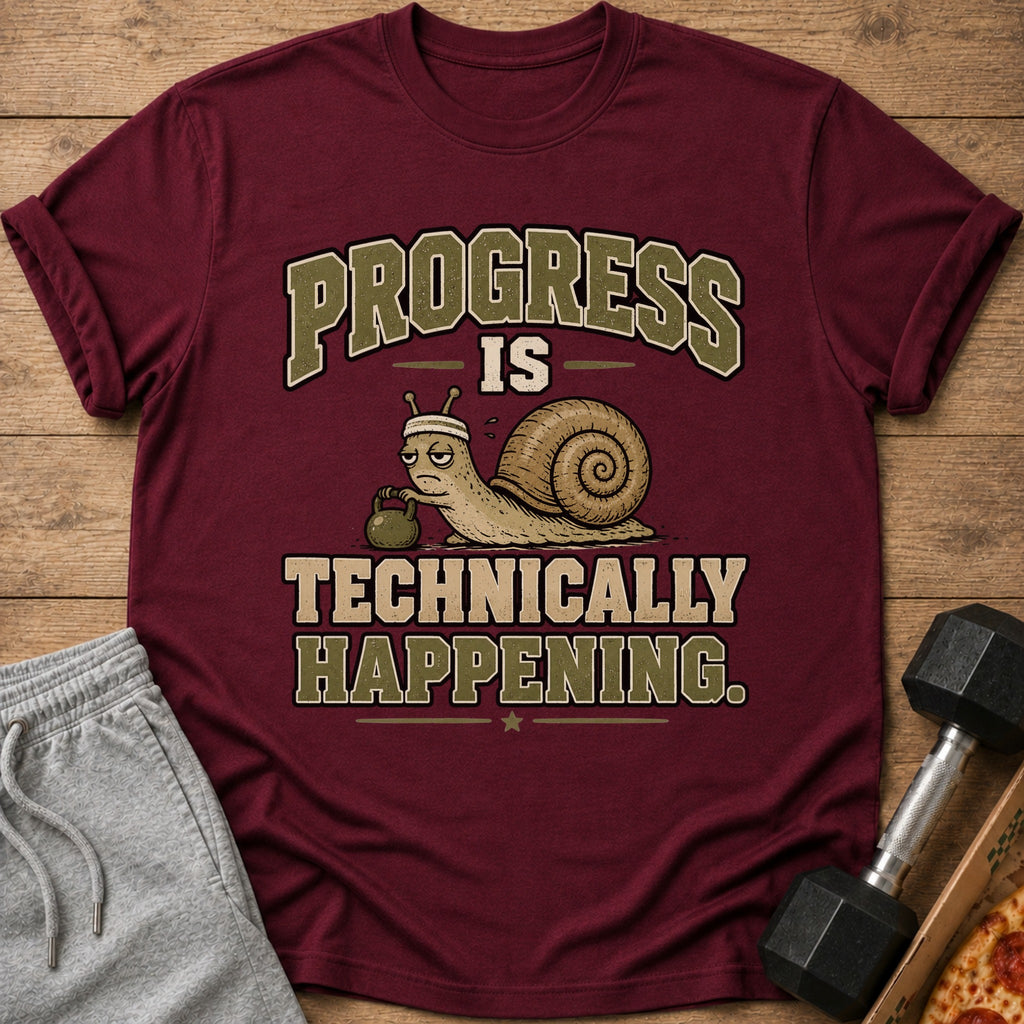 Maroon t-shirt with snail lifting dumbbell and text "Progress is technically happening."