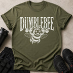 Olive green t-shirt with distressed white text "DUMBLEBEE" and cartoon bee lifting weights.
