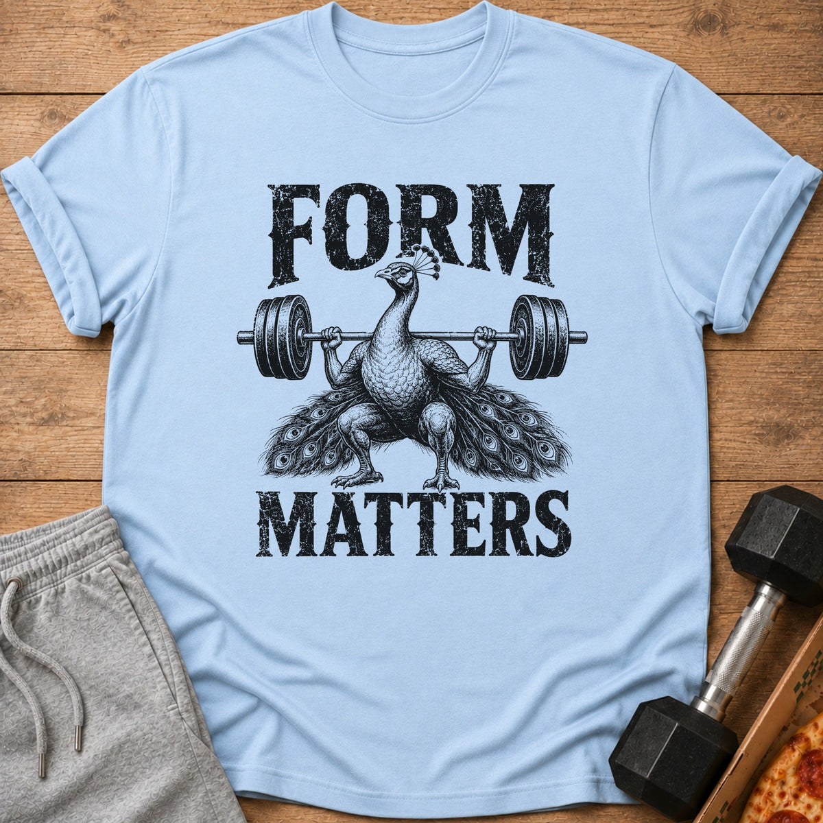 Light blue t-shirt with black text and a peacock lifting a barbell.