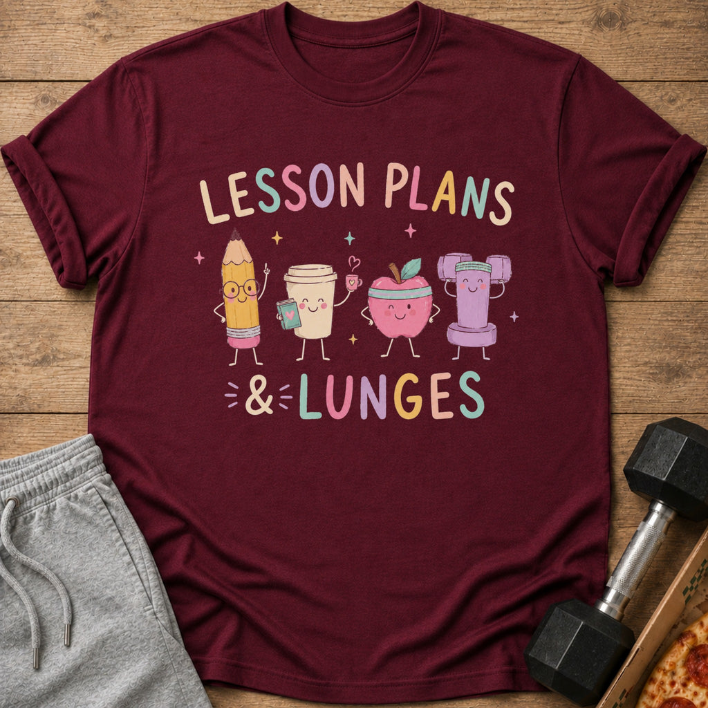 Burgundy t-shirt with "Lesson Plans & Lunges" text and cute school and fitness graphics.