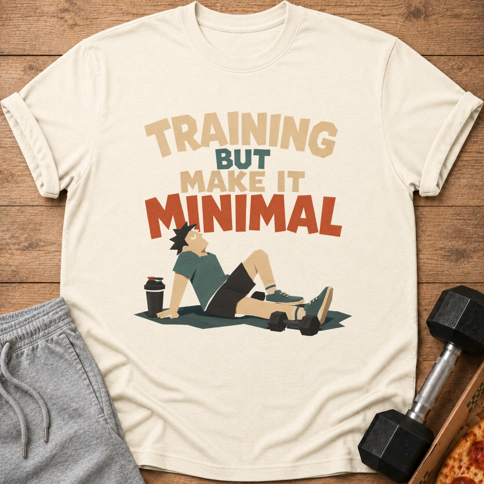 T-shirt graphic with text "TRAINING BUT MAKE IT MINIMAL" and resting figure.