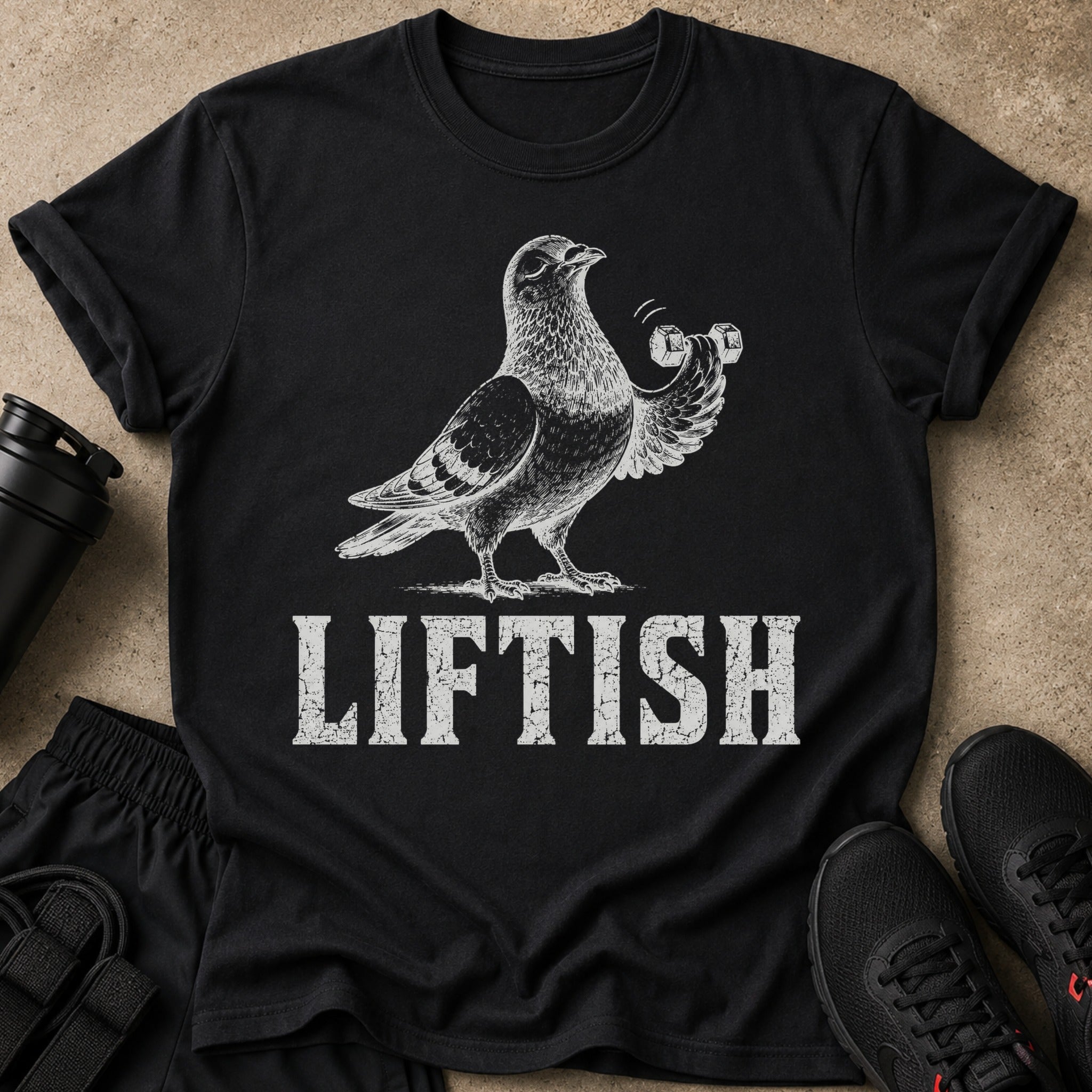 Black t-shirt with a pigeon lifting dumbbells and the text "LIFTISH".