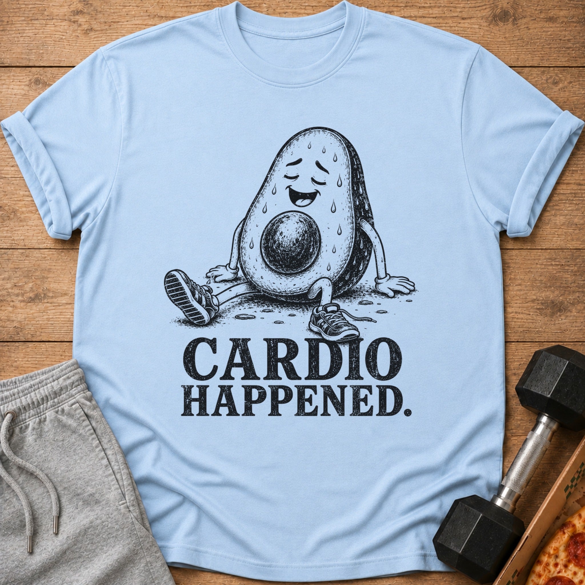 Light blue t-shirt with a drawing of a tired avocado and text "CARDIO HAPPENED."