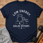 Navy t-shirt with white text and graphics of a kettlebell, dumbbell, and battery.