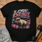 Cat wearing sunglasses and headband rests on dumbbell with "Low Energy Legend" text.