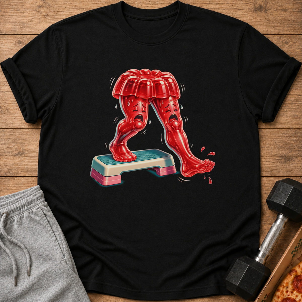 Red jelly legs with sad faces exercising on a stepper.