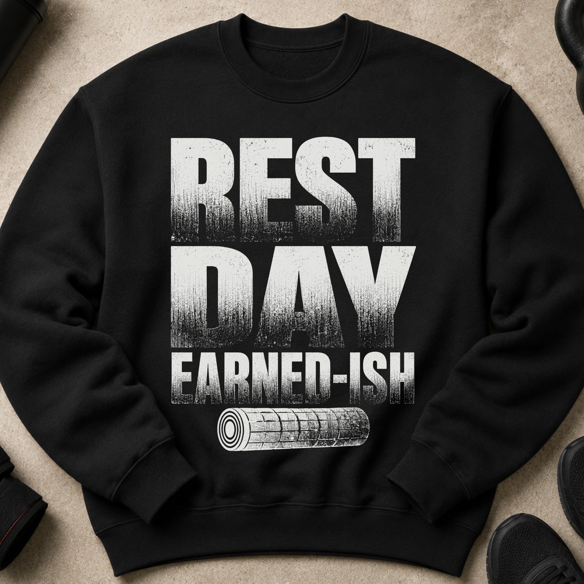 Black sweatshirt with distressed white text "REST DAY EARNED-ISH" and foam roller graphic.